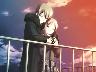 anime couple fall in love at the time of sunset