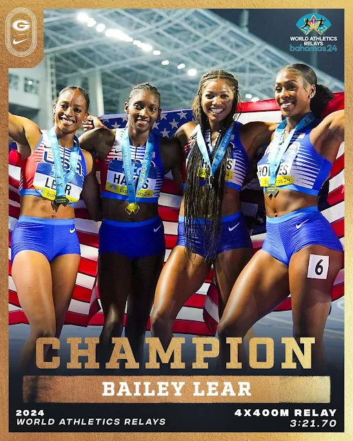 ugatrack • 7 พฤษภาคม 2024   🌎 WORLD LEAD & WORLD RELAY CHAMPIONS 🥇  Assistant Coach @baileylear22 helps Team USA win the Women’s 4x400m relay at the @worldathletics World Relays with the fastest time on the globe this season, 3:21.70 🔥  #GoDawgs