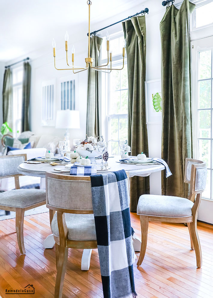 velvet curtains and kitchen table and chairs