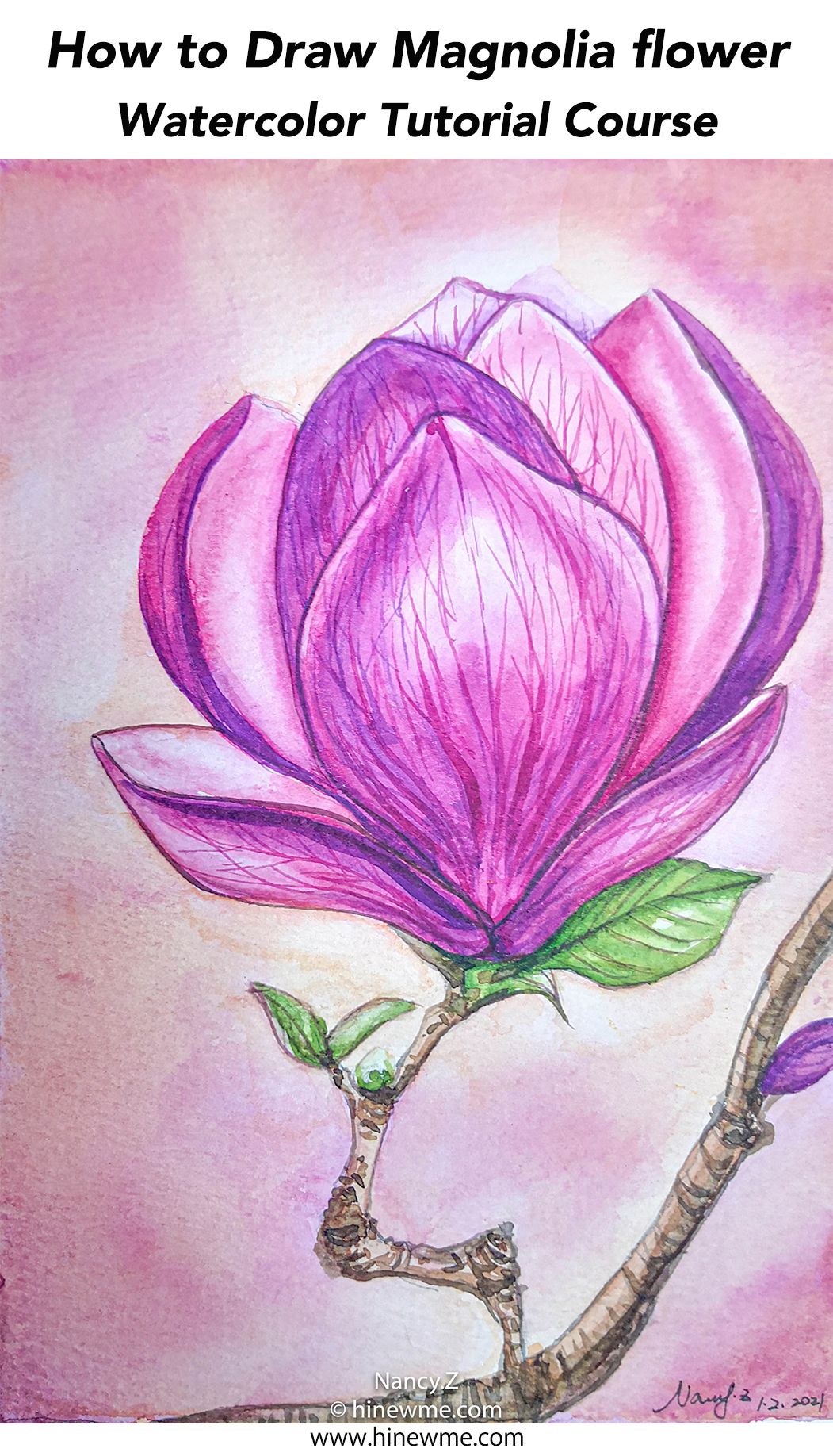 Watercolor magnolia flower tutorial, How to draw step by step easy, come to see my web class