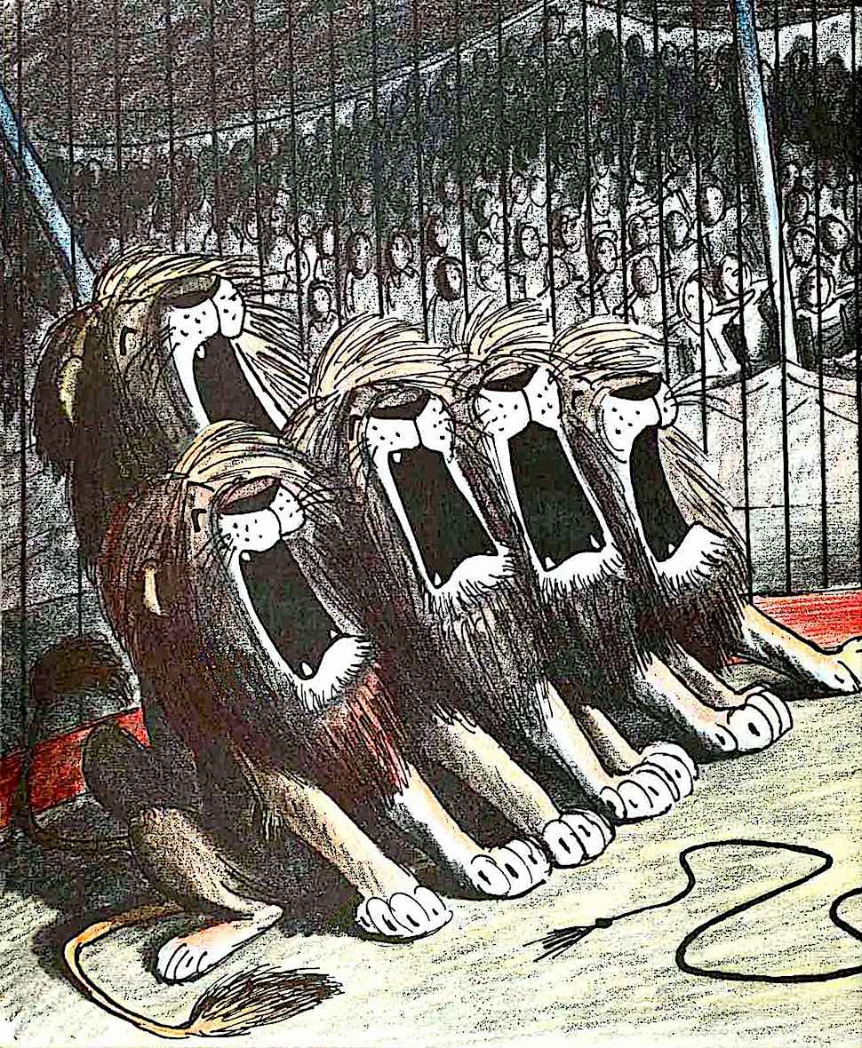 a Bill Peet children's book illustration of lions in a circus cage