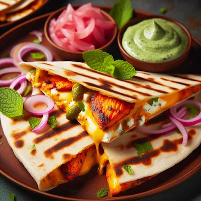 Golden-brown Tandoori Quesadillas filled with chicken, cheese, bell peppers, and onions, ready to be served.