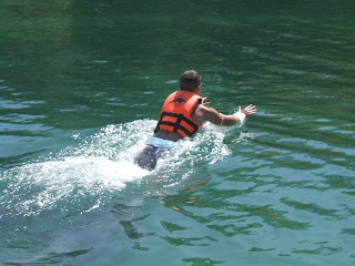 Two dolphins come along side and move the person forward by lifting them under their feet thus they get launched