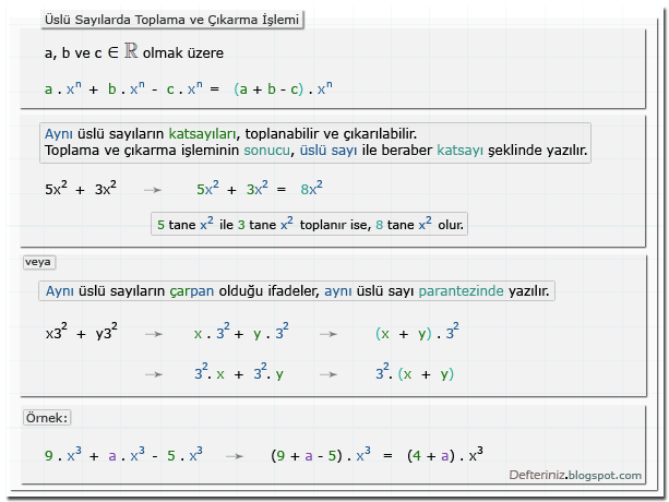 Üslü sayılarda toplama, çıkarma ve paranteze alma işlemleri için örnekler.