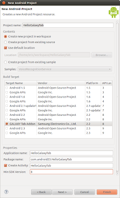 Create new project with GALAXY Tab as the Build Target