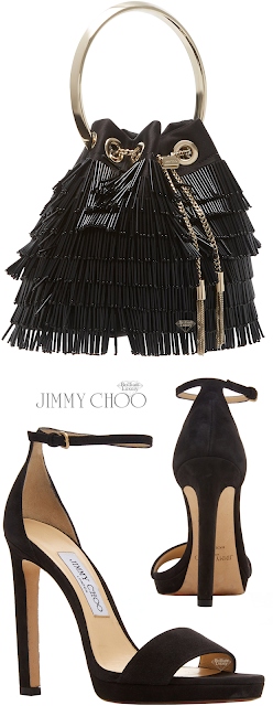 ♦Jimmy Choo black Misty suede platform sandals & black fringed Bon Bon crystal embellished satin bag #jimmychoo #shoes #bags #brilliantluxury