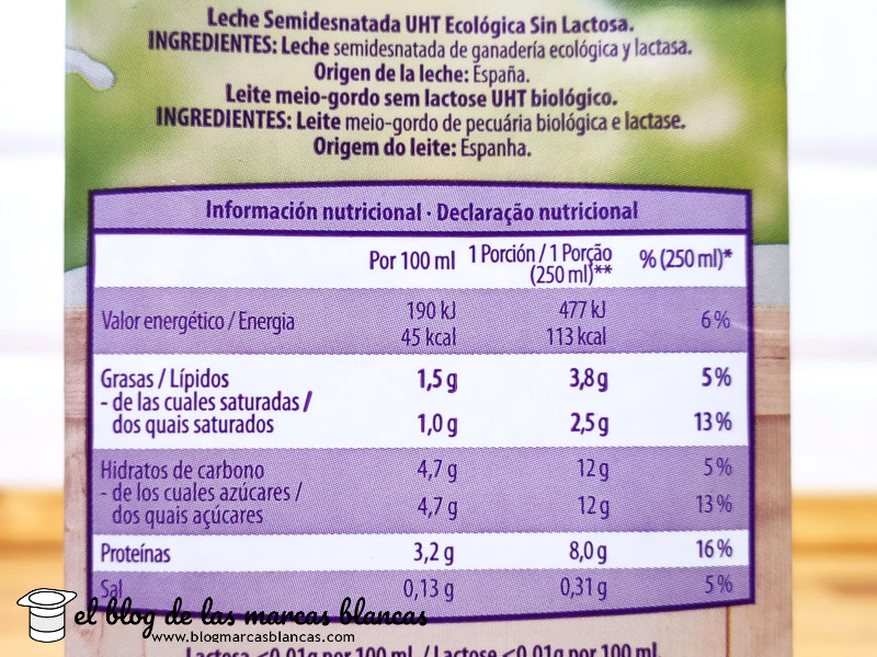 Ingredientes e información nutricional de la Leche UHT ecológica sin lactosa semidesnatada GUTBIO (Aldi) en El Blog de las Marcas Blancas.