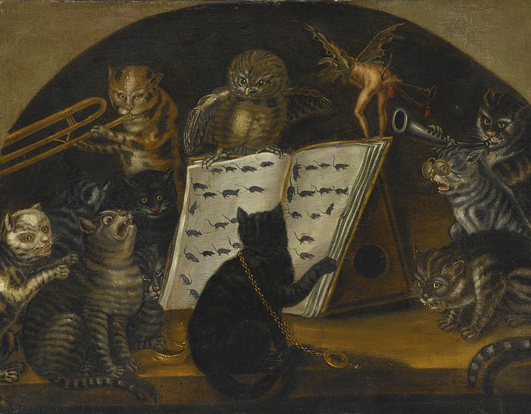 Cats being instructed in the art of mouse-catching by an owl, Oil on canvas, c. 1700, Lombard School