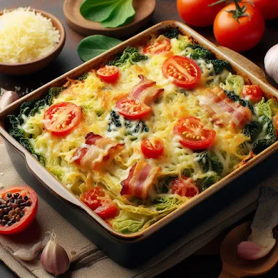 Dies ist ein Bild von einem goldbrauen und knusprigen Wirsinggratin mit Käsekruste in einer weißen Auflaufform. Das Gratin besteht aus Wirsingblättern, Reis, durchwachsener Speck, Tomaten, Käse und Sahnesoße. Es sieht saftig und cremig aus. Das Gratin ist mit geriebenem Käse bestreut, der im Ofen geschmolzen und gebräunt ist. Er verleiht dem Gratin eine krustige und würzige Note. Das Gratin ist in rechteckige Portionen geschnitten und auf einem weißen Teller serviert. Es hat eine dicke und feste Konsistenz. Das Wirsinggratin ist mit frischen Kräuter garniert, die einen grünen und frischen Kontrast bilden. Sie verleihen dem Wirsinggratin einen aromatischen und kräuterigen Geschmack. Das Bild hat eine helle und natürliche Beleuchtung, die das Gratin zum Blickfang macht. Das Bild vermittelt eine Botschaft von Hausgemachtem, Sättigung und herbstlichen Genuss.