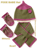 crochet patterns, hats, pixie hats, baby, mittens, scarf,