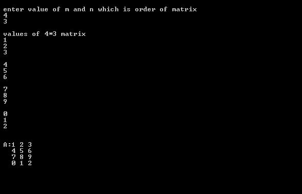output of entering any order of the matrix and print its values in C language