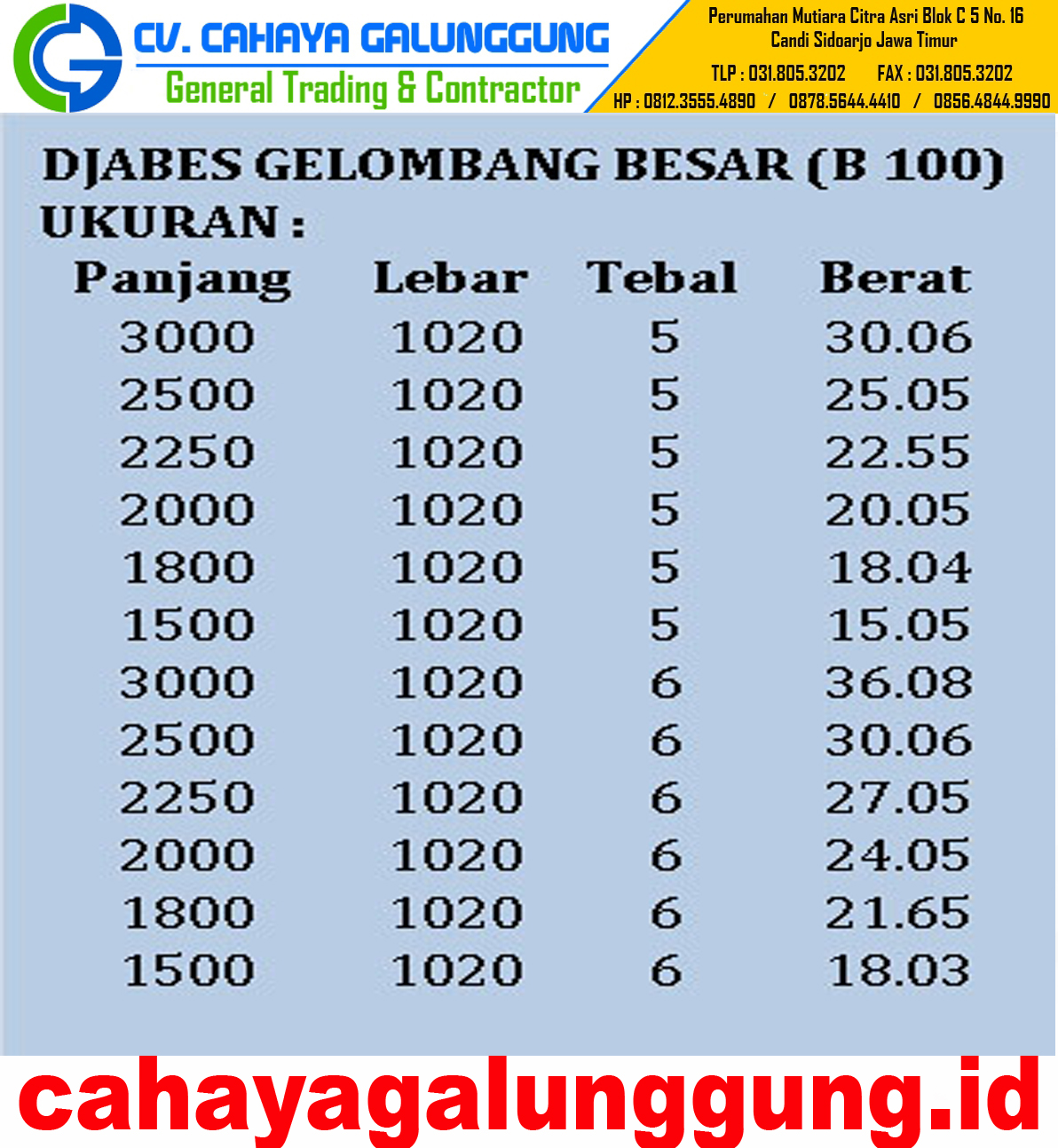 Asbes Djabesmen Gelombang Besar B100 - CV. CAHAYA GALUNGGUNG