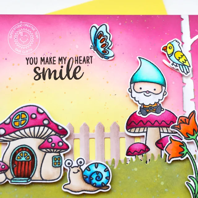 Sunny Studio Stamps: Picket Fence Dies Home Sweet Gnome Garden Fairy Everyday Card by Isha Gupta