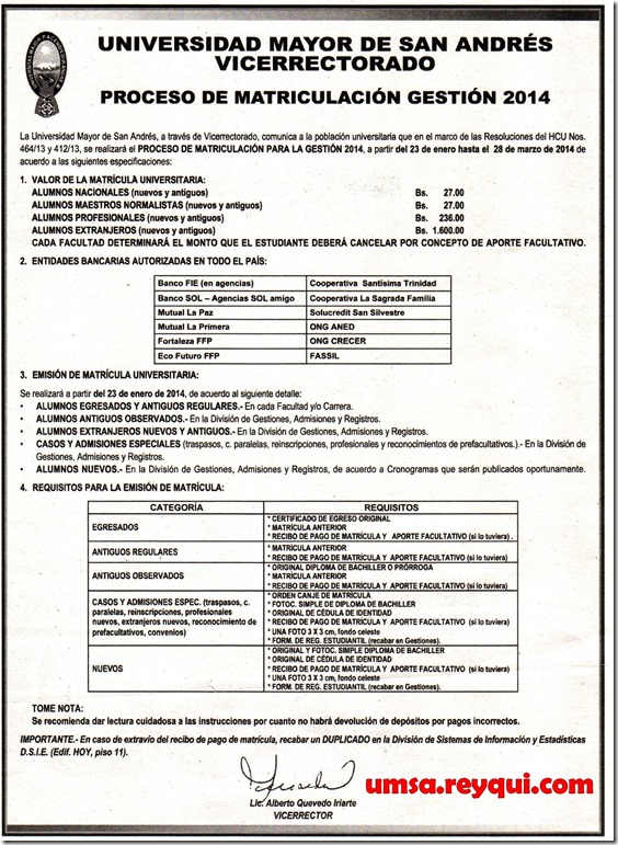 Proceso de Matriculación Gestión 2014 en la UMSA