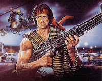 Macho Sylvester Stallone as Rambo with machine gun