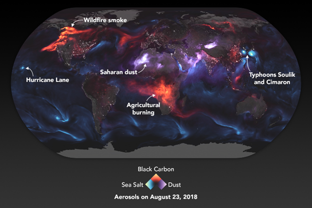 This visualization highlights Goddard Earth Observing System Forward Processing (GEOS FP) model output for aerosols on 23 August 2018. On this day, huge plumes of smoke drifted over North America and Africa, three different tropical cyclones churned in the Pacific Ocean, and large clouds of dust blew over deserts in Africa and Asia. The storms are visible within giant swirls of sea salt aerosol (blue), which winds loft into the air as part of sea spray. Black carbon particles (red) are among the particles emitted by fires; vehicle and factory emissions are another common source. Particles the model classified as dust are shown in purple. The visualization includes a layer of night light data collected by the day-night band of the Visible Infrared Imaging Radiometer Suite (VIIRS) on Suomi NPP that shows the locations of towns and cities. Graphic: Joshua Stevens / NASA Earth Observatory