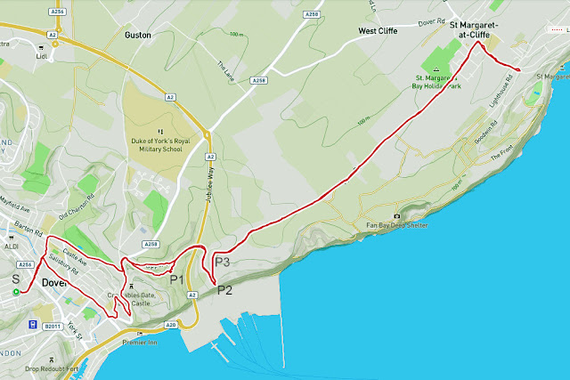  Bike ride route map for 1st April, 2020. 6 Robsons Yard (Tower Hamlets) to Dover Castle and then the White Cliffs of Dover above the Eastern Docks. Then on to the "Ornamental Boat" at St Margaret's-at-Cliffe that commemorates the 2012 London Olympic Games. Returned via same roads.