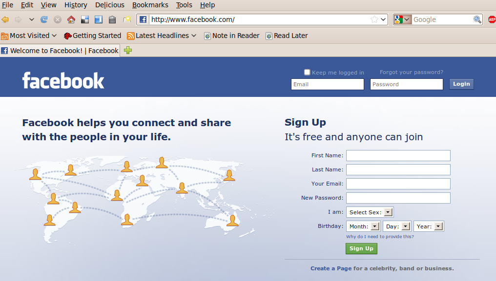 facebook login home page. Again, this home page includes a login page that was sent over a non-SSL 