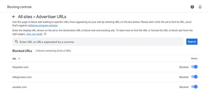 AdSense Blocking controls Advertiser URLs