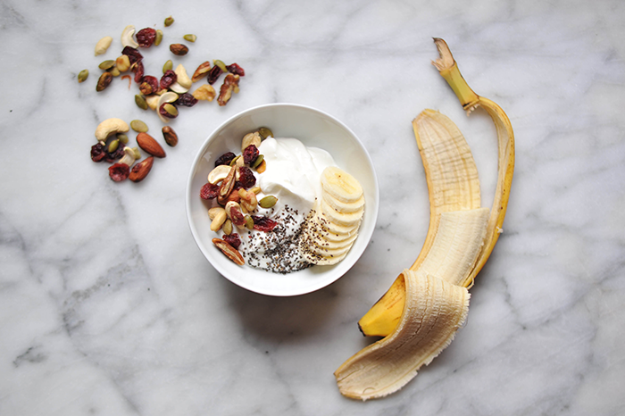 Breakfast yogurt blueberries bananas olive oil nuts healthy vegan clean eating
