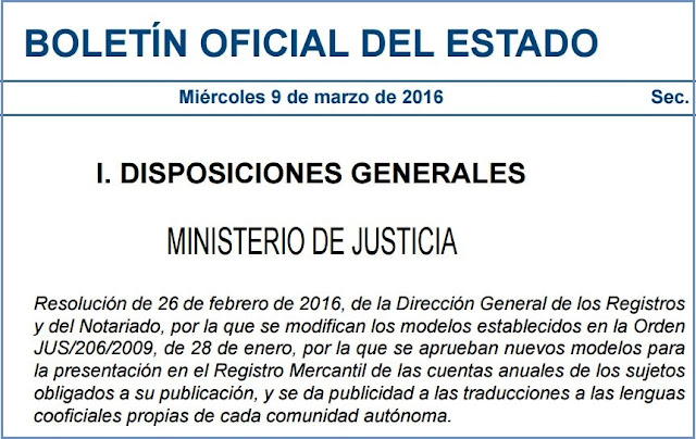 Resolución de 26 de febrero de 2016, de la Dirección General de los Registros y del Notariado, por la que se modifican los modelos establecidos en la Orden JUS/206/2009, de 28 de enero, por la que se aprueban nuevos modelos para la presentación en el Registro Mercantil de las cuentas anuales