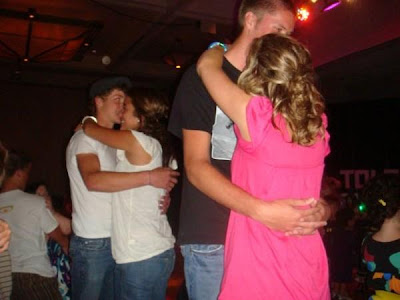Jeremy Roloff and Jacob Mueller slow dancing with two average height girls 