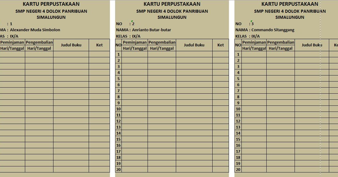 Contoh Format Kartu Pinjaman Buku Perpustakaan di Sekolah Format Excel