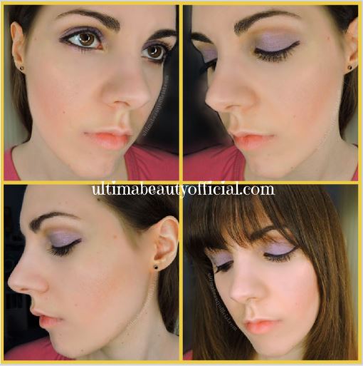 Collage of four pictures of Ultima Beauty with purple eyeshadow and wearing MAC M·A·Cstack Mascara