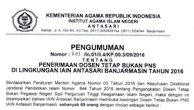 Lowongan Kerja Dosen IAIN Antasari Besar-Besaran September 2016