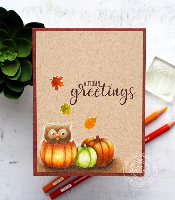 Sunny Studio Stamps: Autumn Greetings Owl In A Pumpkin Card by Vanessa Menhorn