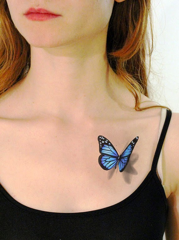 TATUAJE 3D DE MARIPOSA EN PECHO PARA MUJERES