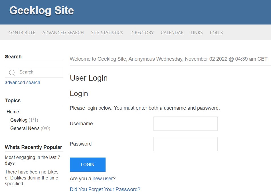 sample geeklog website user login page