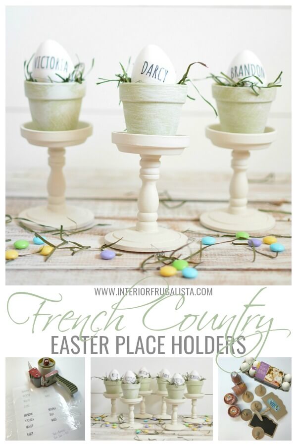 Gorgeous budget-friendly Rae Dunn inspired Easter egg place card holders with French Country style with repurposed dollar store mini terracotta pots. #easterplacecardholders #raedunninspired