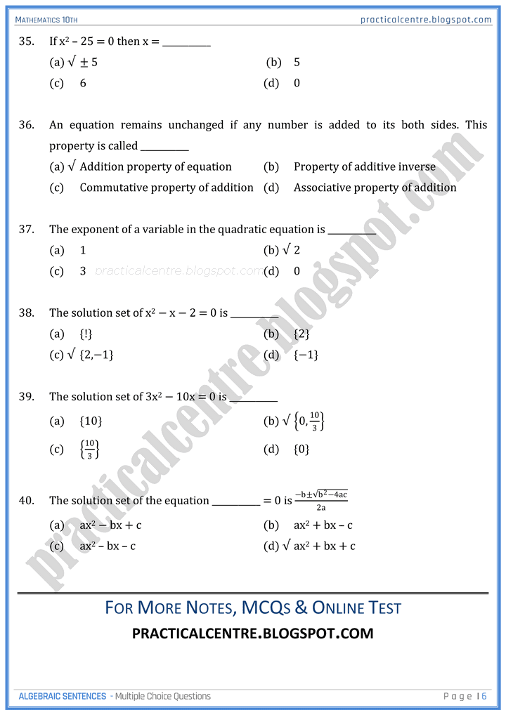 algebraic-sentences-mcqs-mathematics-10th