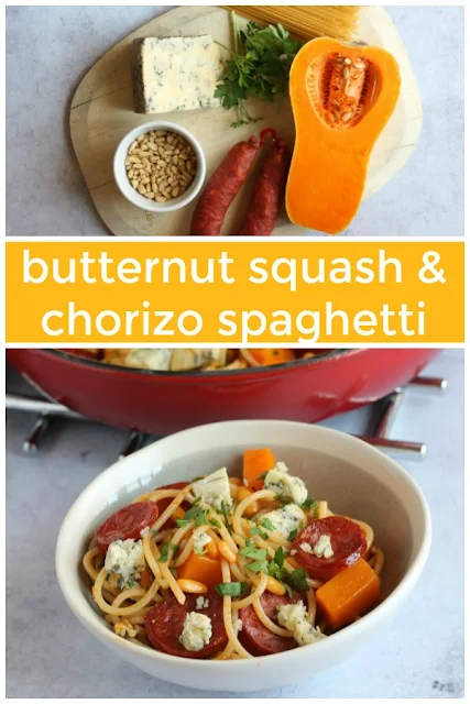 Butternut Squash & Chorizo Pasta with pine nuts and blue cheese