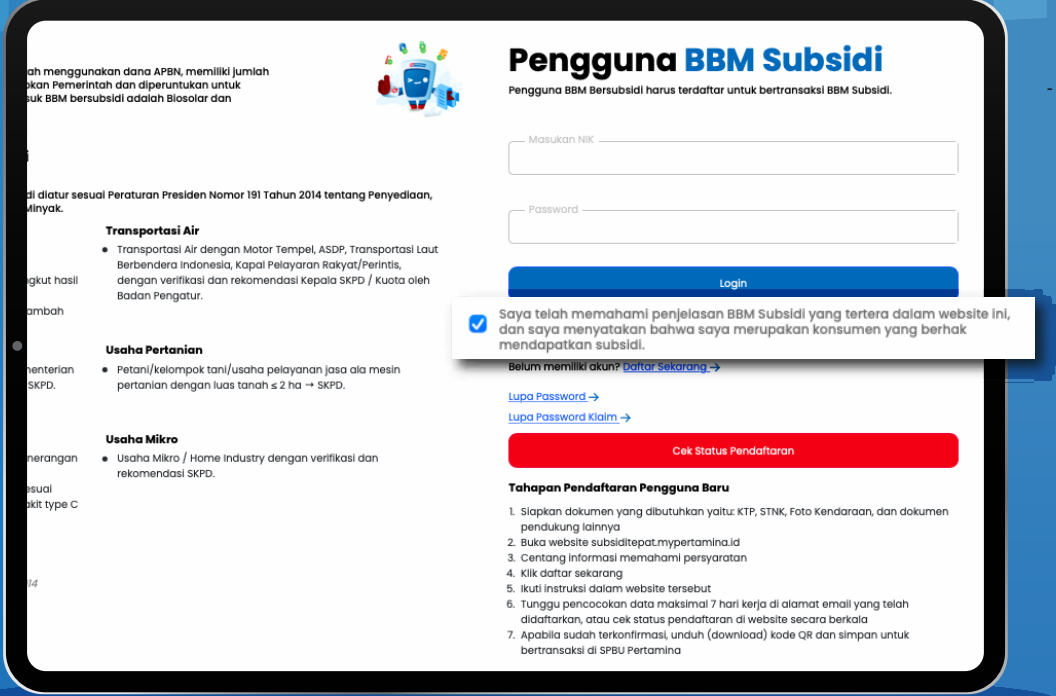 Halaman awal pendaftaran subsidi BBM