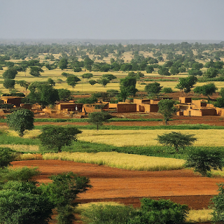 Rural landscape of Burkina Faso showcasing rolling hills, cultivated fields, and traditional mudbrick houses.