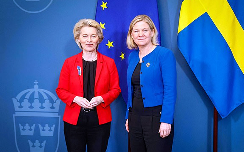 Sweden's Prime Minister Magdalena Andersson (seen with European Union Commission President Ursula von der Leyen on April 7) is expected to join the trans-Atlantic alliance by June of this year.