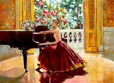 Девушка сидит за роялем. За окном цветут цветы. Картина маслом на холсте.