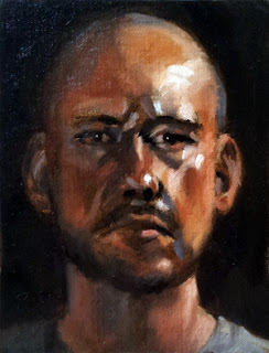 Oil painting of a middle-aged bald man.