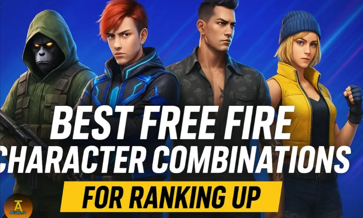 Free fire character background and add text overlay "Best Free Fite Character Combinations"