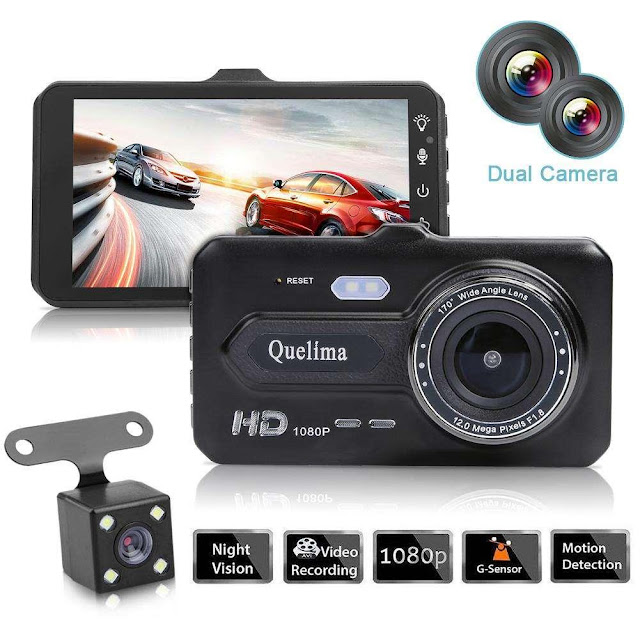 Quelima 4 Inch 1080P Touch Dual Lens Car DVR Camera Night Vision 170 Degree Wide