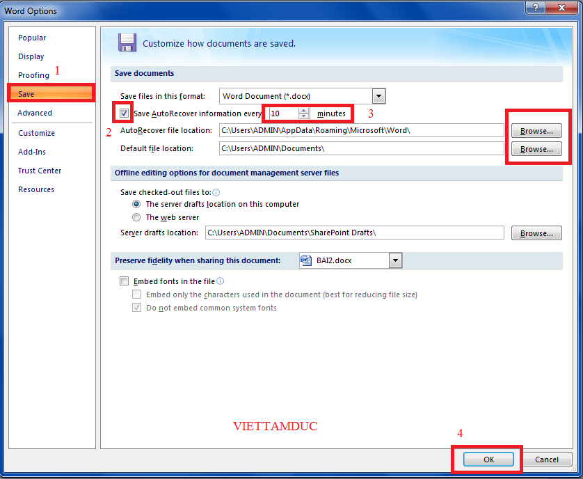 chỉnh tự động lưu trong word 2007