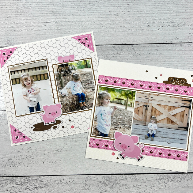 Down On The Farm Scrapbook Page Layout with pigs and a pink bandana print