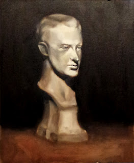 Oil painting of a plaster cast of a young man's head and neck on a plinth.