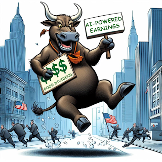 An editorial cartoon of a jumping bull wearing a sign