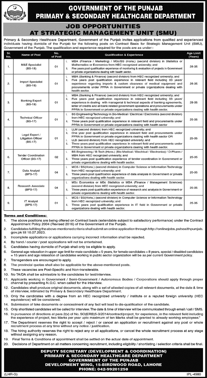 Primary and Secondary Healthcare Department Punjab Jobs June 2023