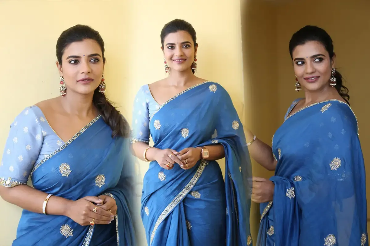 Telugu actress Aishwarya Rajesh showcasing elegance in a saree at the Sankranthiki Vasthunam interview
