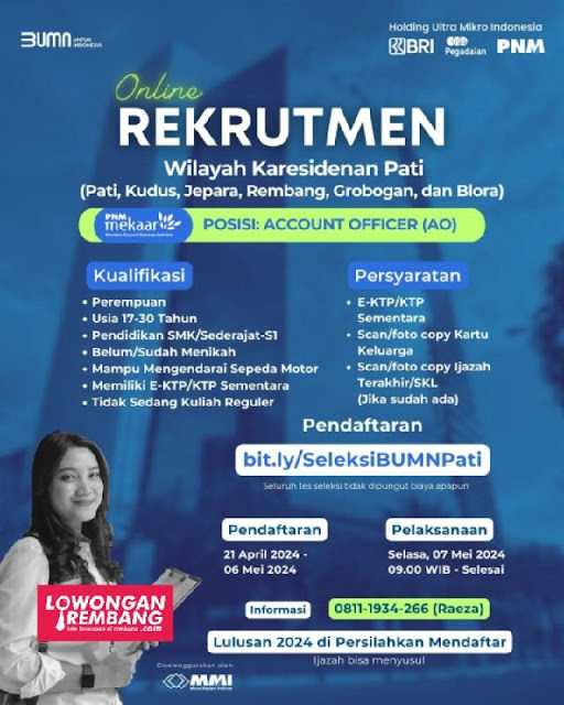 Lowongan Kerja Pegawai Account Officer BUMN PT Micro Madani Institute PNM Mekaar Rembang