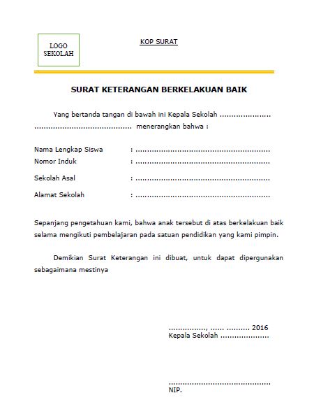 Surat Kelakuan Baik Catatan Keterangan Siswa dari Sekolah 